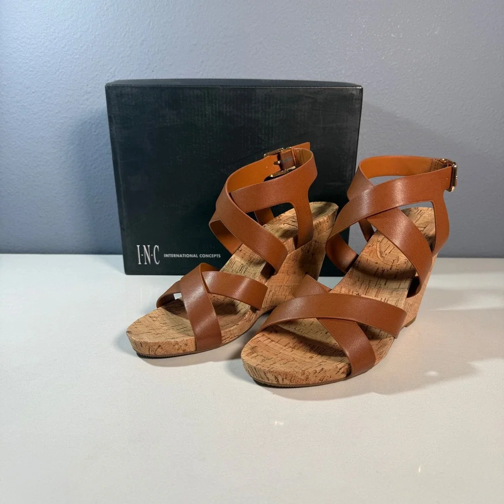 INC Landor Wedge Sandals Womens 11 Brown Strappy Cork Heel